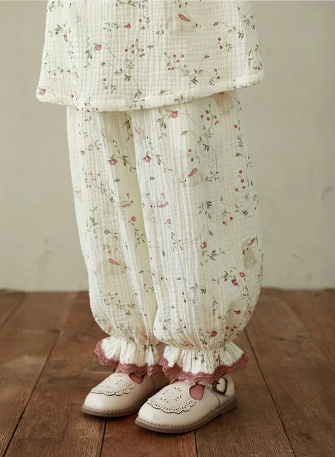 يوهيول طقم بيجاما قطني بناتي بطبعة زهور وتفاصيل كشكش