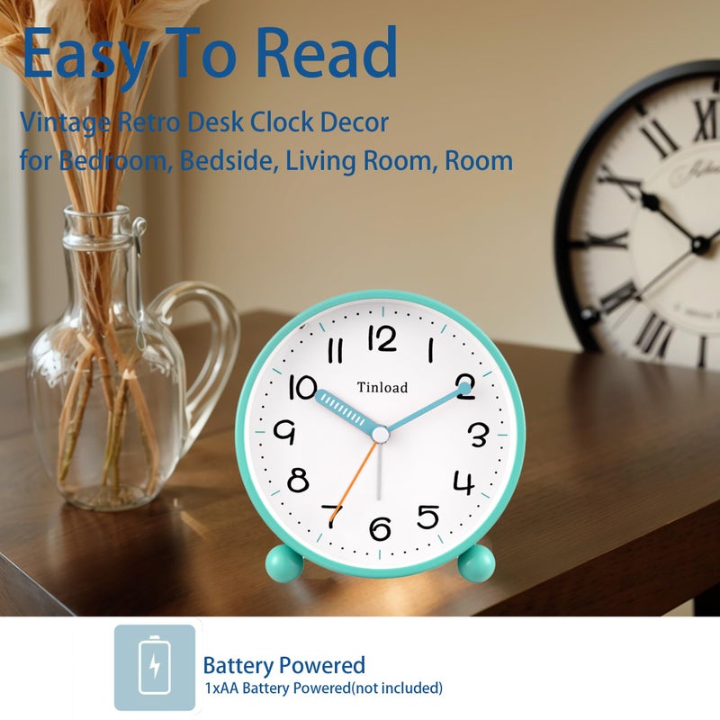 Tinload 4.5" Antique Retro Analog Alarm Clock, Small Silent Battery Operated Clock with Manual Light, Snooze, Vintage Decor for Bedroom, Living Room, Office, Bedside,Deskï¼ˆGreenï¼‰ - Image 2