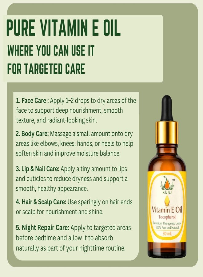 KUNJ Vitamin E Oil (Tocopherol) 30ML - 100% Pure & Natural, Non-Sticky & Lightweight Therapeutic Grade Oil for Face Serum, Brightening, Anti-Aging, Hair & Nail Care, DIY Beauty Blends - Image 5
