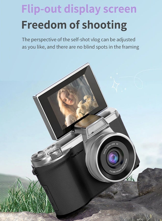 Digisand Kids Digital Camera - CCD Camera - 1080P HD Point-and-Shoot Camera - Vlogging Camera - 2.4 Inch HD Flip Screen - 8X Digital Zoom - Image Stabilization - Built in LED Fill Light - Equipped with 64GB SD Card (Black) - Image 2