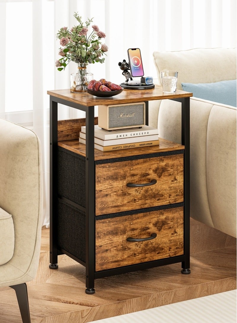 3-Tier Nightstand Side Table with 2 Fabric Drawers Home Bedside Table End Coffee Table for Bedroom 45*30*73cm Brown
