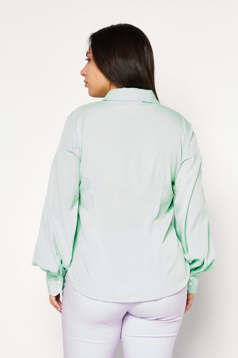 Riley & Rae Women Spread Collar Long Sleeve Plain Top, Green - Image 3