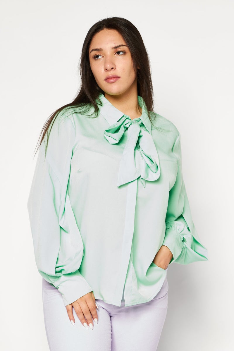 Riley & Rae Women Spread Collar Long Sleeve Plain Top, Green - Image 1
