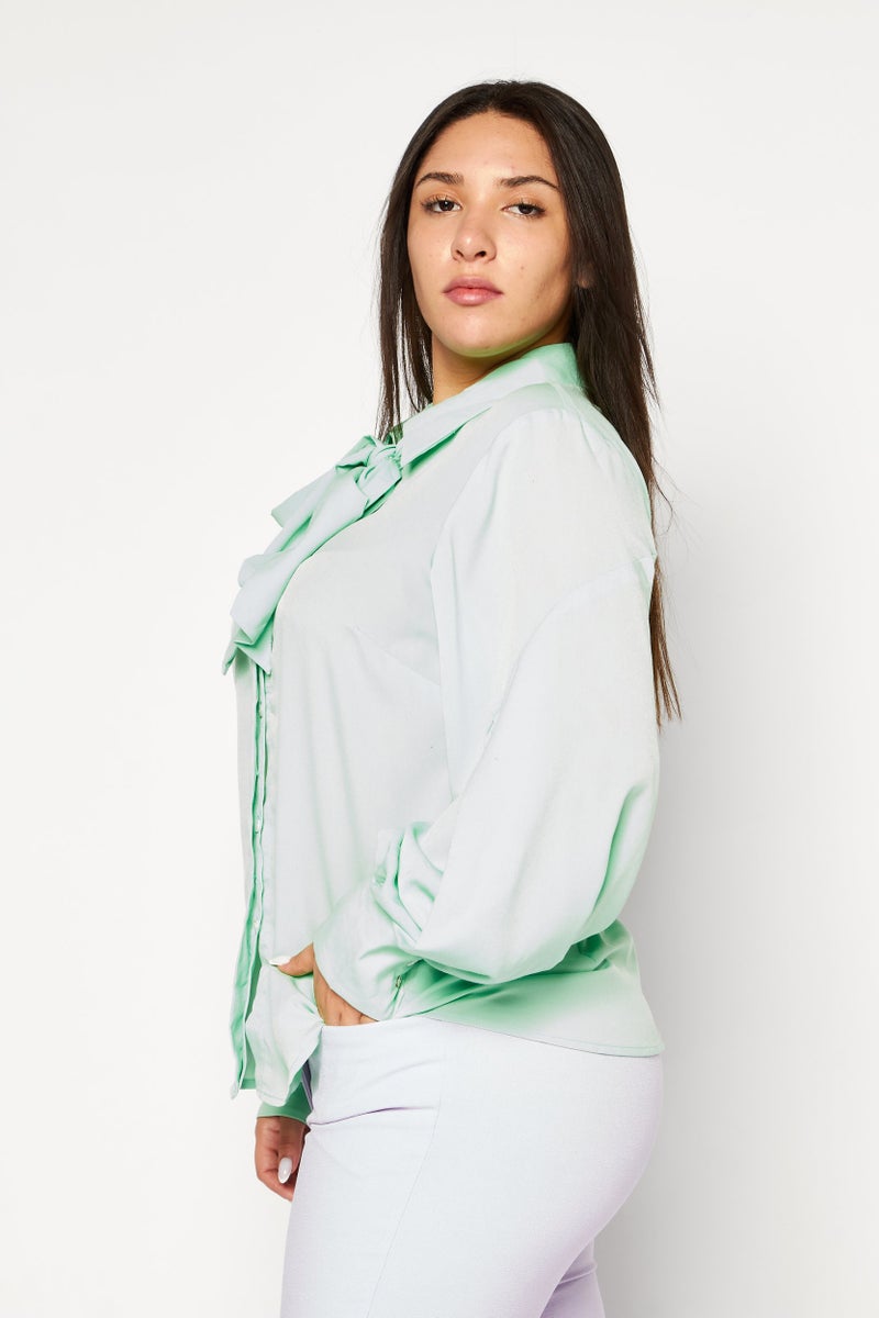 Riley & Rae Women Spread Collar Long Sleeve Plain Top, Green - Image 2