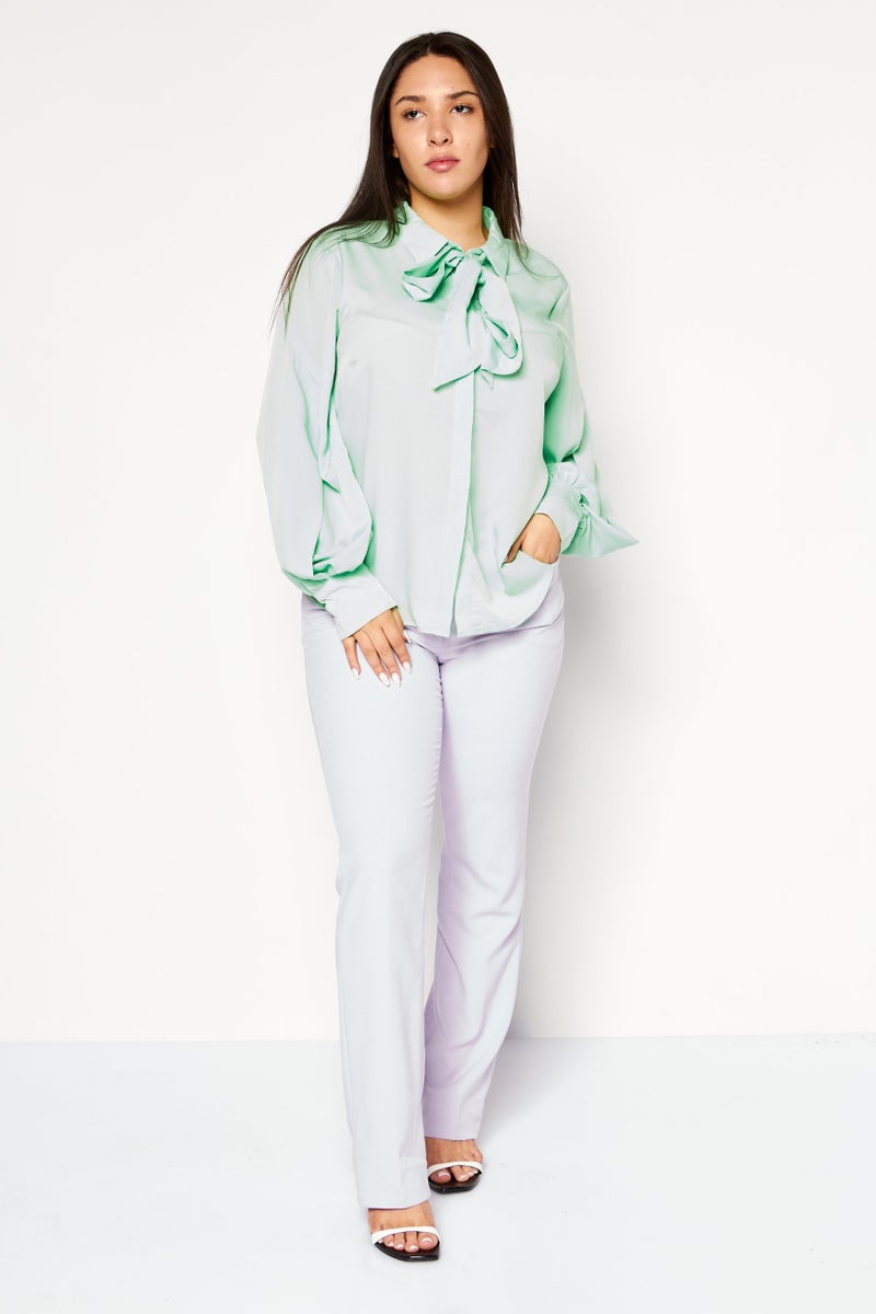 Riley & Rae Women Spread Collar Long Sleeve Plain Top, Green - Image 4
