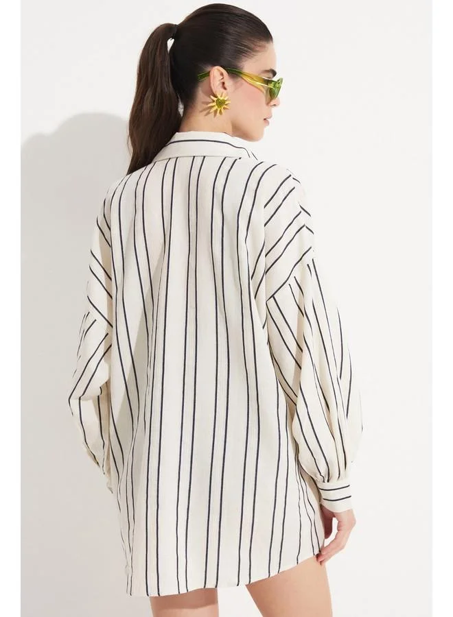 JUNE June Women Cotton Blend Striped Loose Fit Shirt Navy