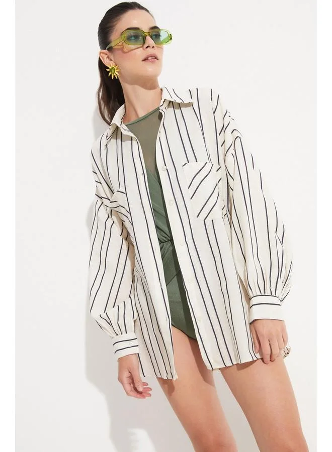 JUNE June Women Cotton Blend Striped Loose Fit Shirt Navy