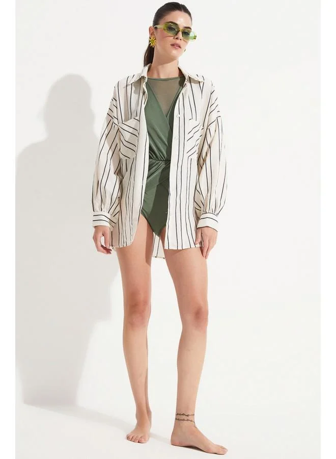 JUNE June Women Cotton Blend Striped Loose Fit Shirt Navy