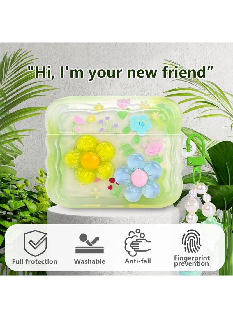 SOLARAE Cases for AirPods Pro, Curly Wave Frame Shape Flowers Cover with Heart Bead Pendant and Three-dimensional flowers, Girls Girly Liquid Glitter Bling Sparkle Design Case for AirPods Pro, Green - Image 3