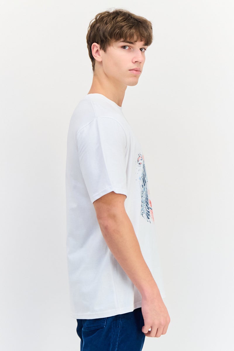 YOTO تي شيرت رجالي بأكمام قصيرة وياقة دائرية بطباعة جرافيك، أبيض - Image 3