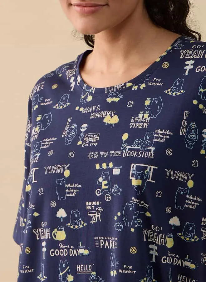 Splash FAV Printed Sleepshirt with Round Neck and Short Sleeves