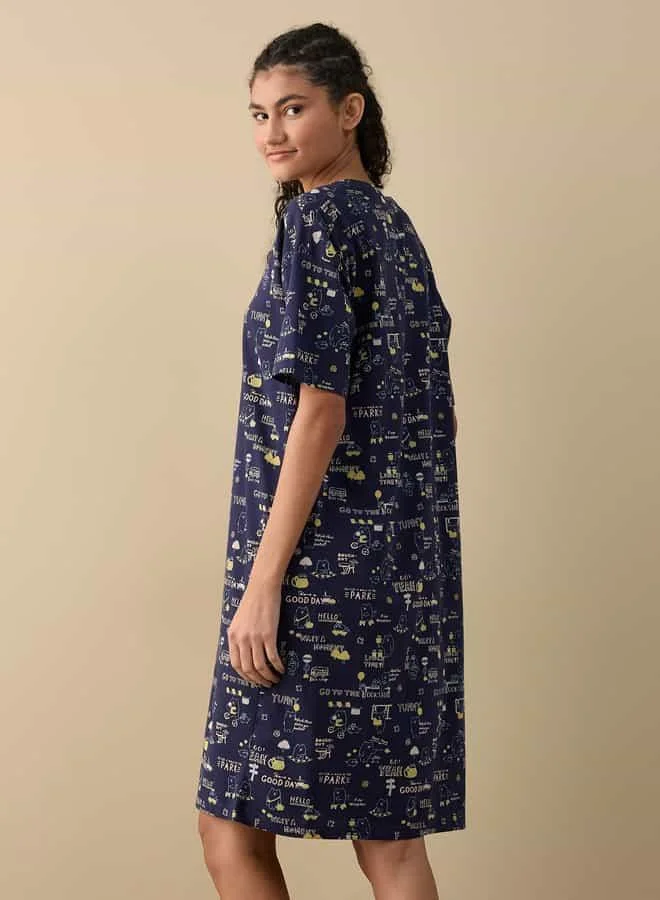 Splash FAV Printed Sleepshirt with Round Neck and Short Sleeves