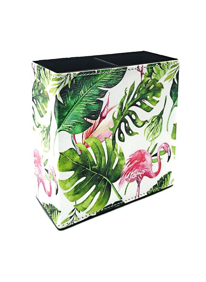Scakbyer Pen Holder, Rectangle Vintage Pencil Holder with 2 Compartments, PU Leather Art Remote Control Holder Organizer Storage for Desk Accessory (Flamingo) - Image 1