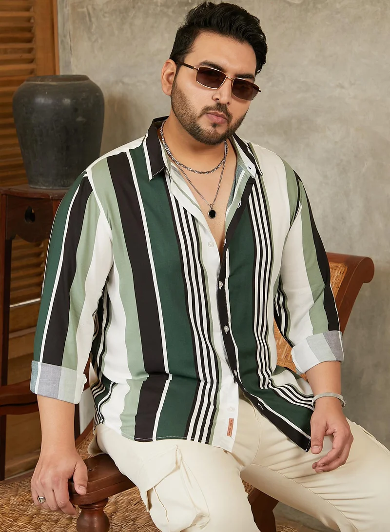 Instafab Plus Instafab Plus Men's Jungle Green & Cream White Multitrack-Striped Shirt For Casual Wear | Spread Collar | Long Cuffed Sleeves | Button Closure | Plus Size Shirt Crafted With Comfort Fit For Everyday Wear