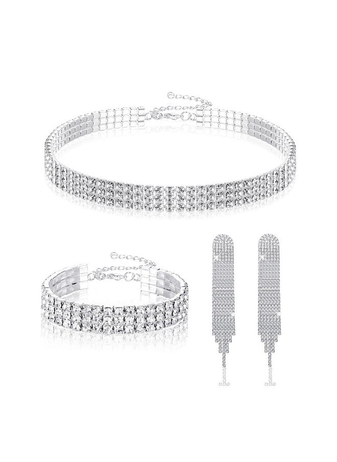 Finrezio Bridal Jewelry Set For Women Silver Rhinestone Necklace Earring Set Crystal Bracelet Wedding Prom Jewelry For Brides Rhinestone Jewelry  - Image 1