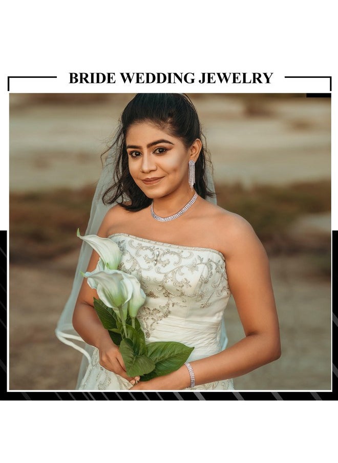 Finrezio Bridal Jewelry Set For Women Silver Rhinestone Necklace Earring Set Crystal Bracelet Wedding Prom Jewelry For Brides Rhinestone Jewelry  - Image 3