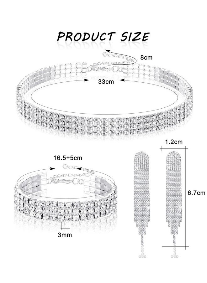 Finrezio Bridal Jewelry Set For Women Silver Rhinestone Necklace Earring Set Crystal Bracelet Wedding Prom Jewelry For Brides Rhinestone Jewelry  - Image 2