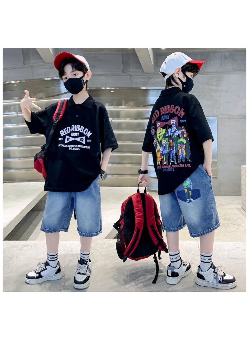 Cool Boy Fashion Anime Print Casual Short Sleeved Shorts Set Suitable For Ages 5-15  - Image 1