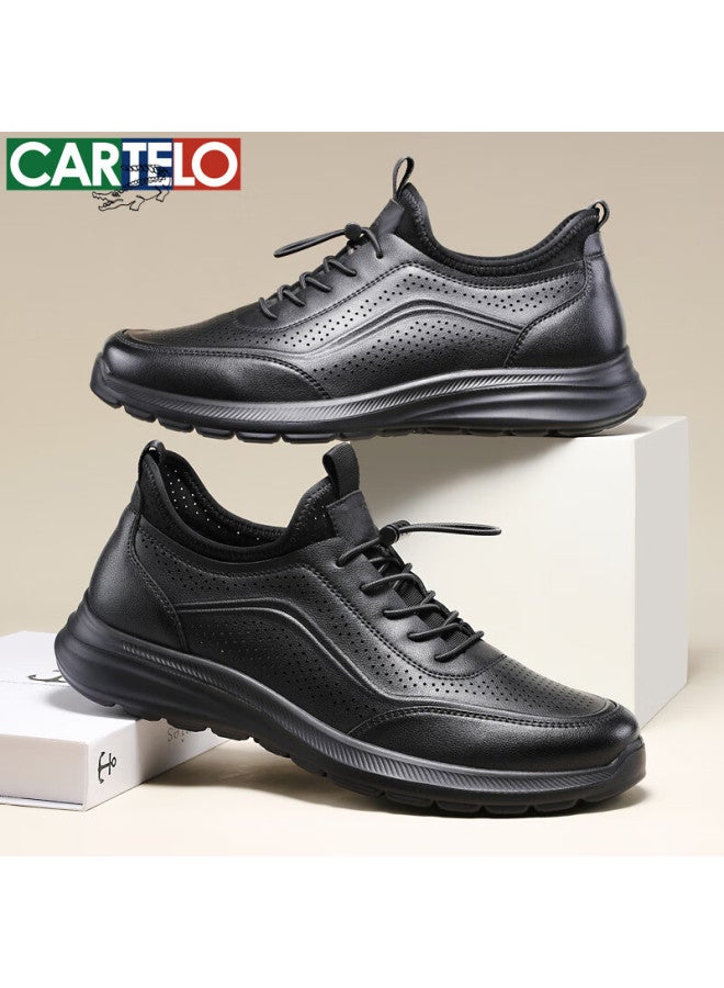 Cartelo Men's Summer Breathable Hollow Out Cowhide Loafers Business Casual Leather Shoes 5223 Black Size 40 - Image 3