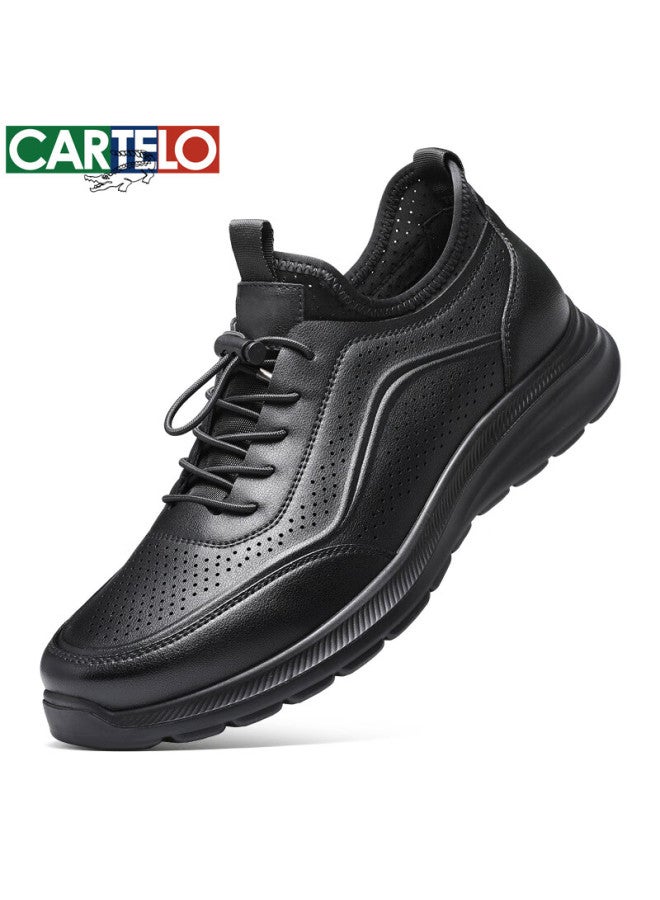 Cartelo Men's Summer Breathable Hollow Out Cowhide Loafers Business Casual Leather Shoes 5223 Black Size 40 - Image 2