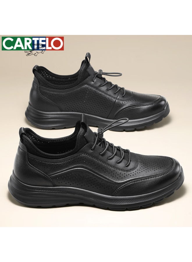 Cartelo Men's Summer Breathable Hollow Out Cowhide Loafers Business Casual Leather Shoes 5223 Black Size 40 - Image 5