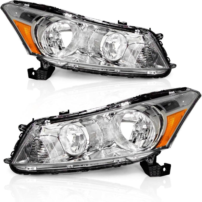 AS Headlight Assembly for 2008 2009 2010 2011 2012 Honda Accord 4dr Sedan Headlamps with Black Housing Amber Reflector Clear Lens Driver and Passenger Side