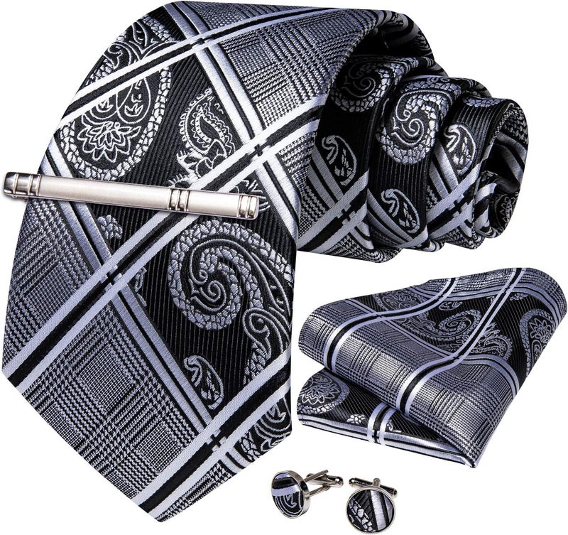 DiBanGu Plaid Ties for Men Silk Checkered Necktie and Pocket Square Cufflinks Tie Clip Set with Gift Box for Wedding Business - Image 3