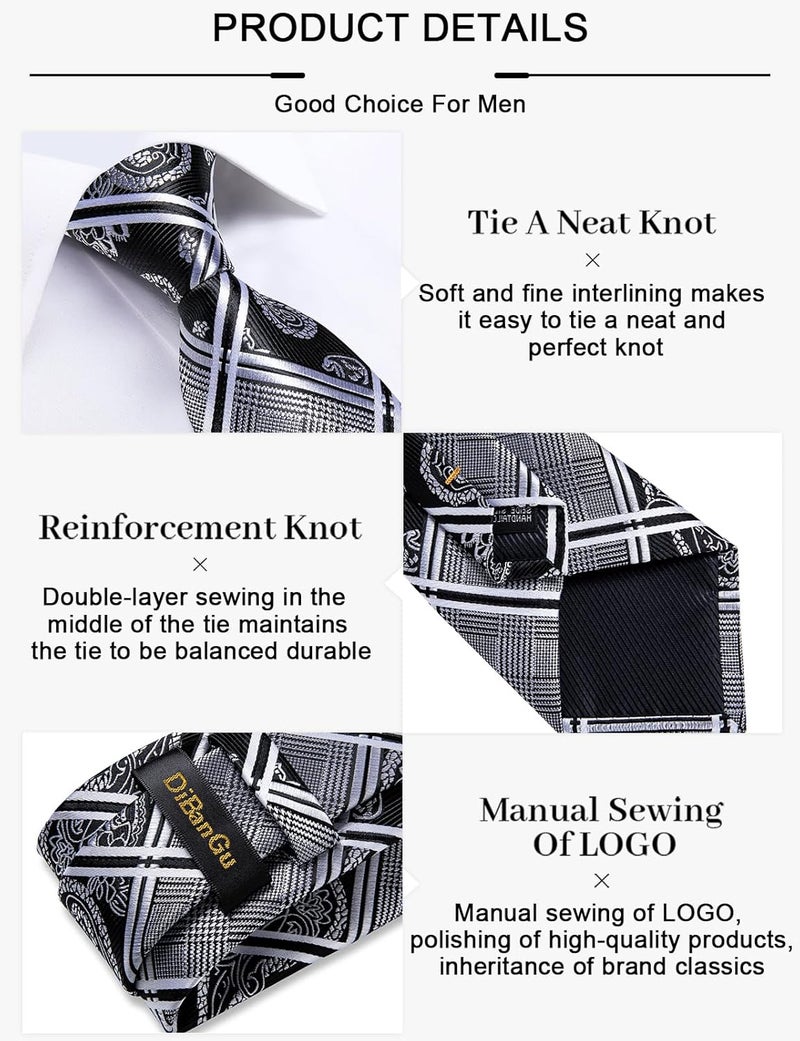 DiBanGu Plaid Ties for Men Silk Checkered Necktie and Pocket Square Cufflinks Tie Clip Set with Gift Box for Wedding Business - Image 5