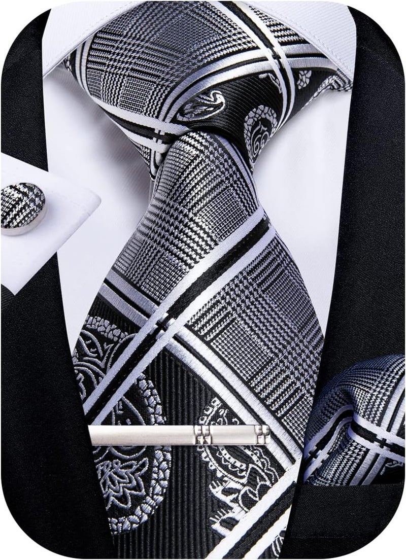 DiBanGu Plaid Ties for Men Silk Checkered Necktie and Pocket Square Cufflinks Tie Clip Set with Gift Box for Wedding Business - Image 1