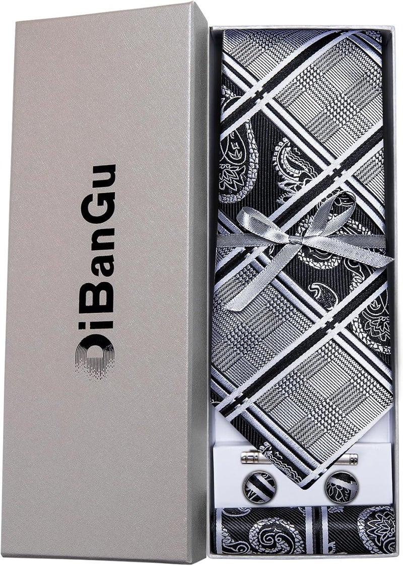 DiBanGu Plaid Ties for Men Silk Checkered Necktie and Pocket Square Cufflinks Tie Clip Set with Gift Box for Wedding Business - Image 4
