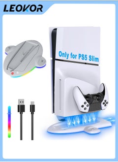 محطة شحن تبريد PS5 Slim، محطة شحن مزدوجة لوحدة التحكم مع 9 مصابيح RGB لـ DualSense/Edge، ملحقات نظام التبريد الهادئ لجهاز Playstation5 Slim الرقمي/القرصي