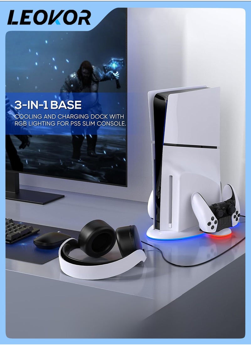 ليوكور - محطة شحن تبريد PS5 Slim، محطة شحن مزدوجة لوحدة التحكم مع 9 مصابيح RGB لـ DualSense/Edge، ملحقات نظام التبريد الهادئ لجهاز Playstation5 Slim الرقمي/القرصي - Image 1