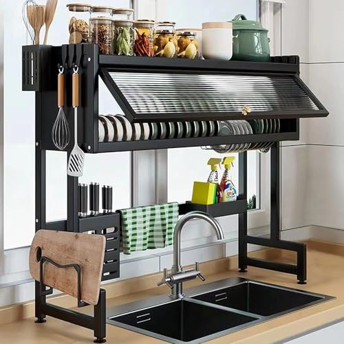 ASIEIT Dish Drying Rack 3Tier Over The Sink Dish Drying Rack 335 Over Sink Dish Rack for Small Kitchen SpaceSaving Dish Rack with Cover Baskets Utensil Large Sink Storage Organizer Black - Image 1