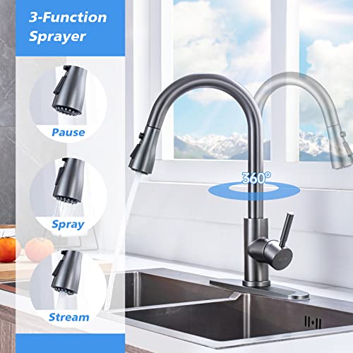 Arofa Black Stainless Kitchen Faucet, Arofa Gray Kitchen Faucet with Pull Down Sprayer Single Handle One Hole 3 Hole Commercial Rv Faucet for Kitchen Sink Gun Black - Image 2