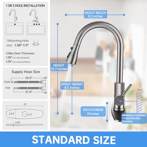 Arofa Black Stainless Kitchen Faucet, Arofa Gray Kitchen Faucet with Pull Down Sprayer Single Handle One Hole 3 Hole Commercial Rv Faucet for Kitchen Sink Gun Black - Image 5