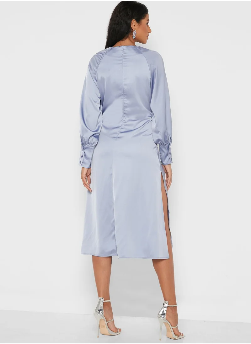 GHOSPELL Balloon Sleeve Ruched Dress