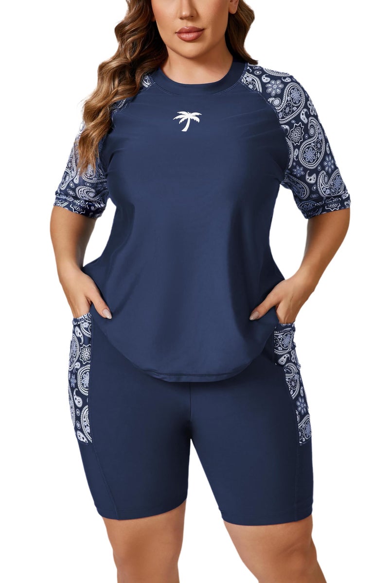 Halcurt Womens Plus Size Rash Guard with Built in Bra Sun Shirt Two Piece Bathing Suit Navy 4X - Image 1