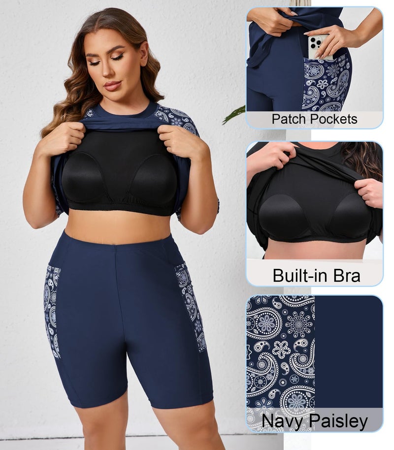 Halcurt Womens Plus Size Rash Guard with Built in Bra Sun Shirt Two Piece Bathing Suit Navy 4X - Image 5