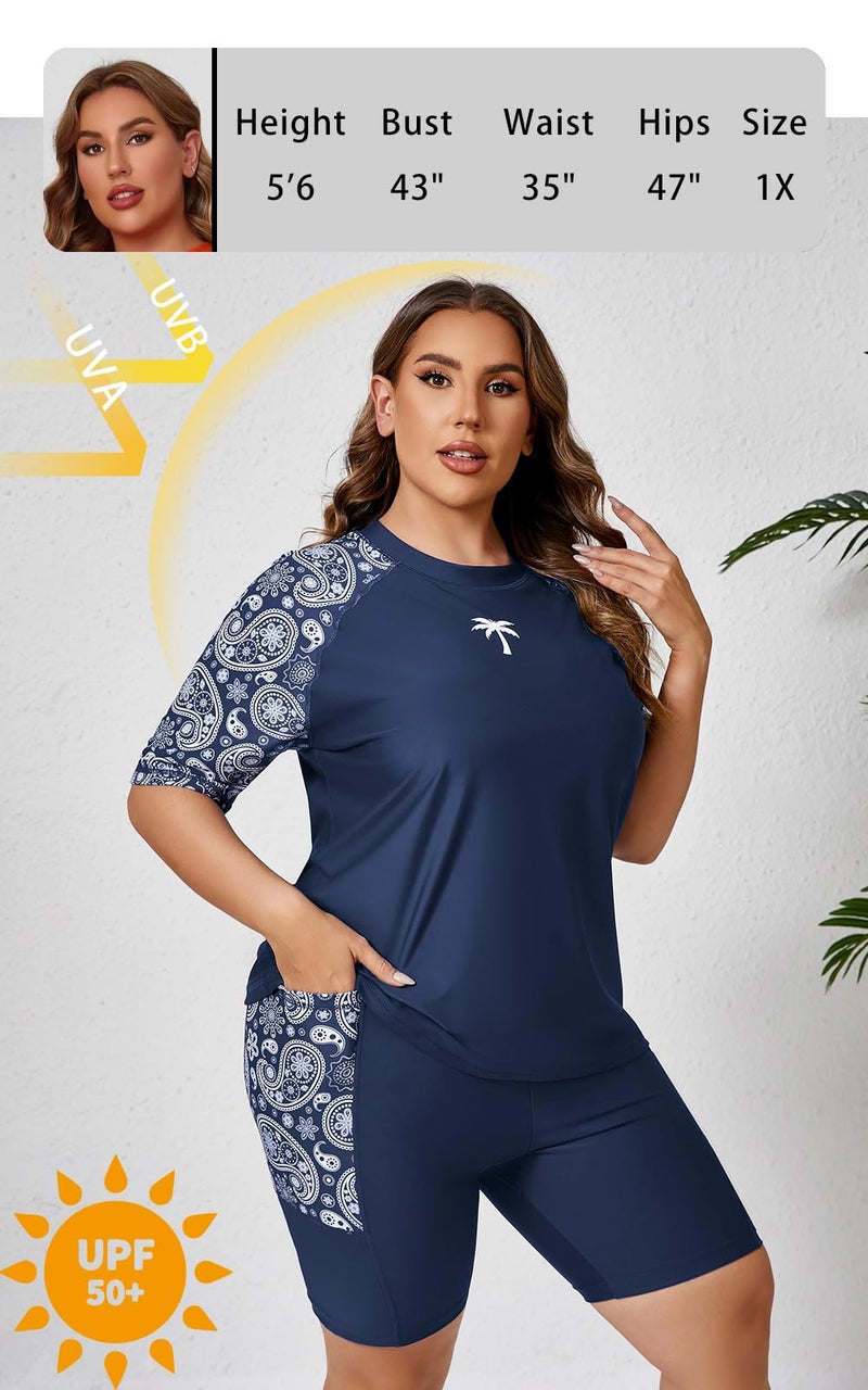 Halcurt Womens Plus Size Rash Guard with Built in Bra Sun Shirt Two Piece Bathing Suit Navy 4X - Image 4