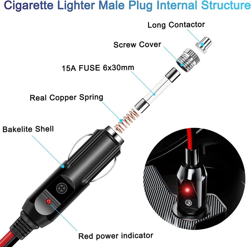Rwujilong 12V/24V Heavy Duty Cigarette Lighter Extension Cord 12Ft 14Awg With Led Light For Car Vehicle Tire Pump Air Compressor Refrigerator Coffee Maker Etc. (1*Spare Fuse) - Image 5