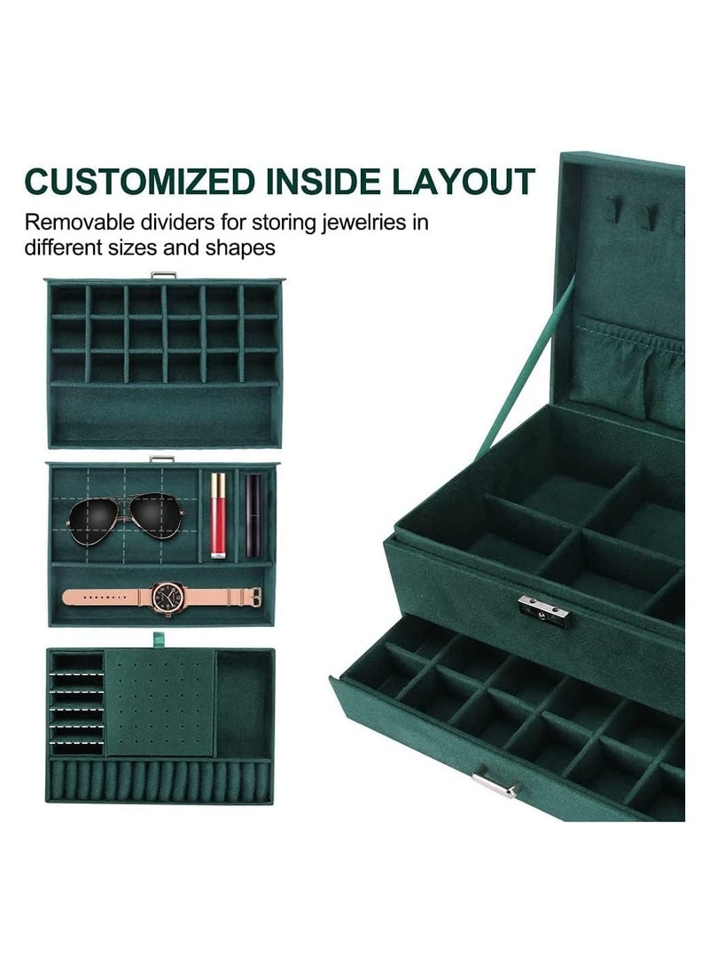 NNEWVANTE Jewelry Box Organizer for Women Girls,3-Layer Jewelry Organizer with Lock and Drawer,Portable Jewellery Holder Removable Grids Tray Storage Case for Earring Rings Necklaces Bracelets Sunglasses  - Image 5