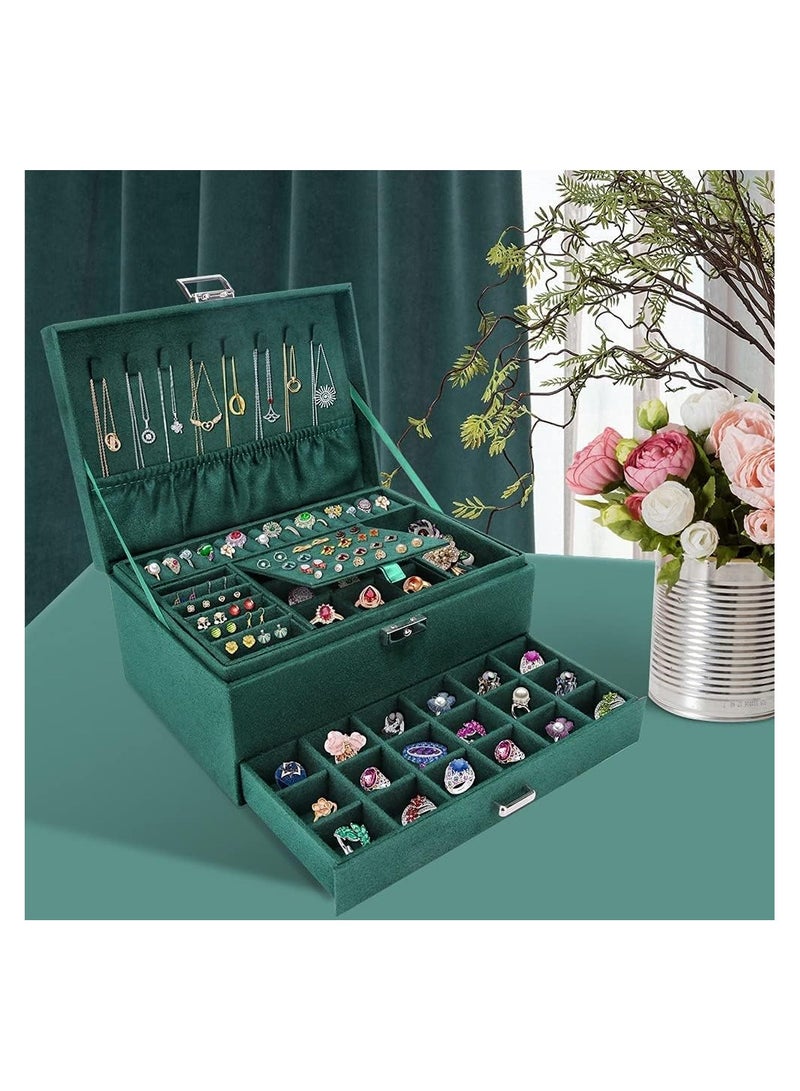 منظم علبة مجوهرات للنساء والفتيات، منظم مجوهرات من 3 طبقات مع قفل ودرج ،حامل مجوهرات محمول لحافظة تخزين شبكية قابلة للإزالة لحافظة تخزين خواتم الأقراط الخواتم القلائد الأساور النظارات الشمسية
