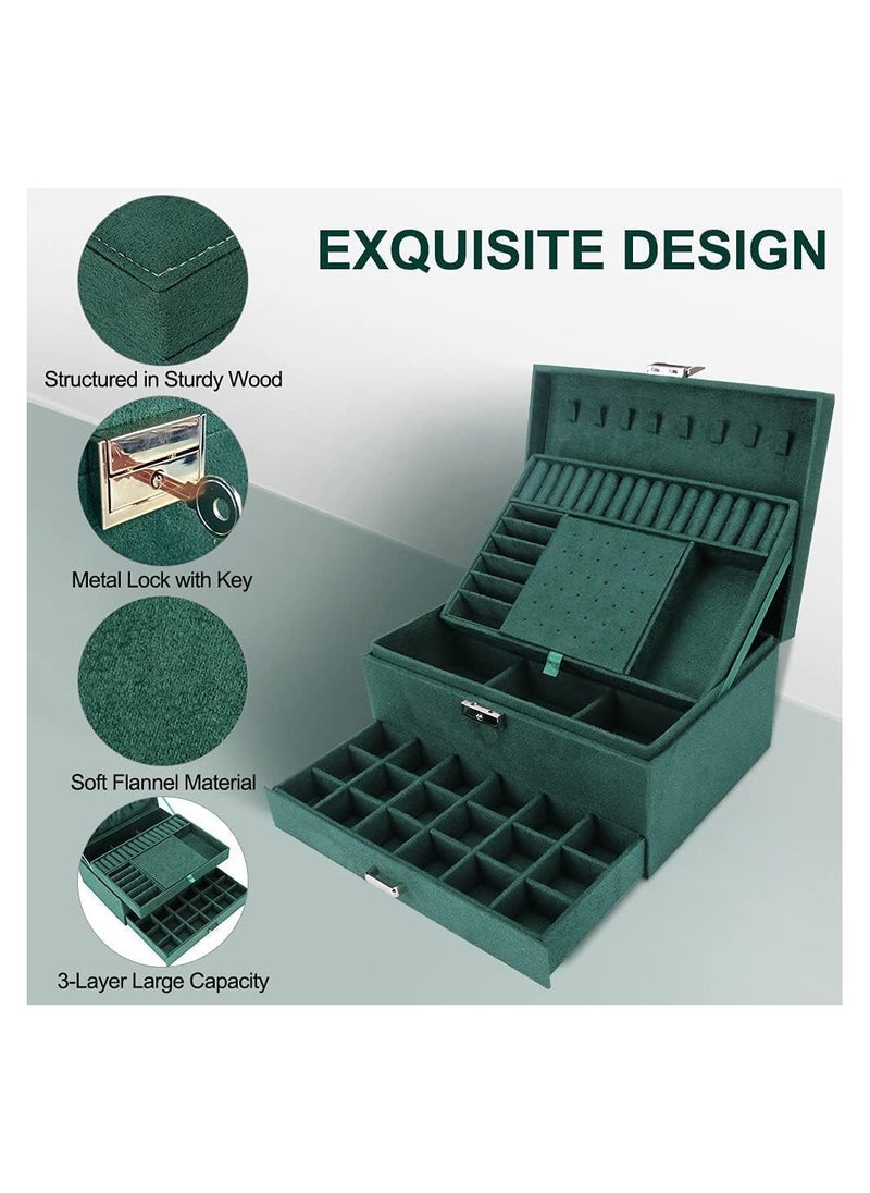 NNEWVANTE Jewelry Box Organizer for Women Girls,3-Layer Jewelry Organizer with Lock and Drawer,Portable Jewellery Holder Removable Grids Tray Storage Case for Earring Rings Necklaces Bracelets Sunglasses  - Image 4