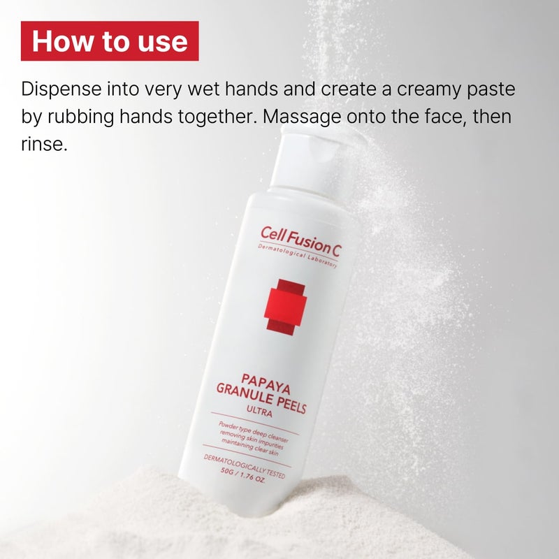 Cell Fusion C Papaya Granule Peels Ultra, Powder Face Wash for Sensitive Skin with Papaya Enzyme, Clarifies and Cleanses for Smoother, Even skin, 1.76 oz - Image 2