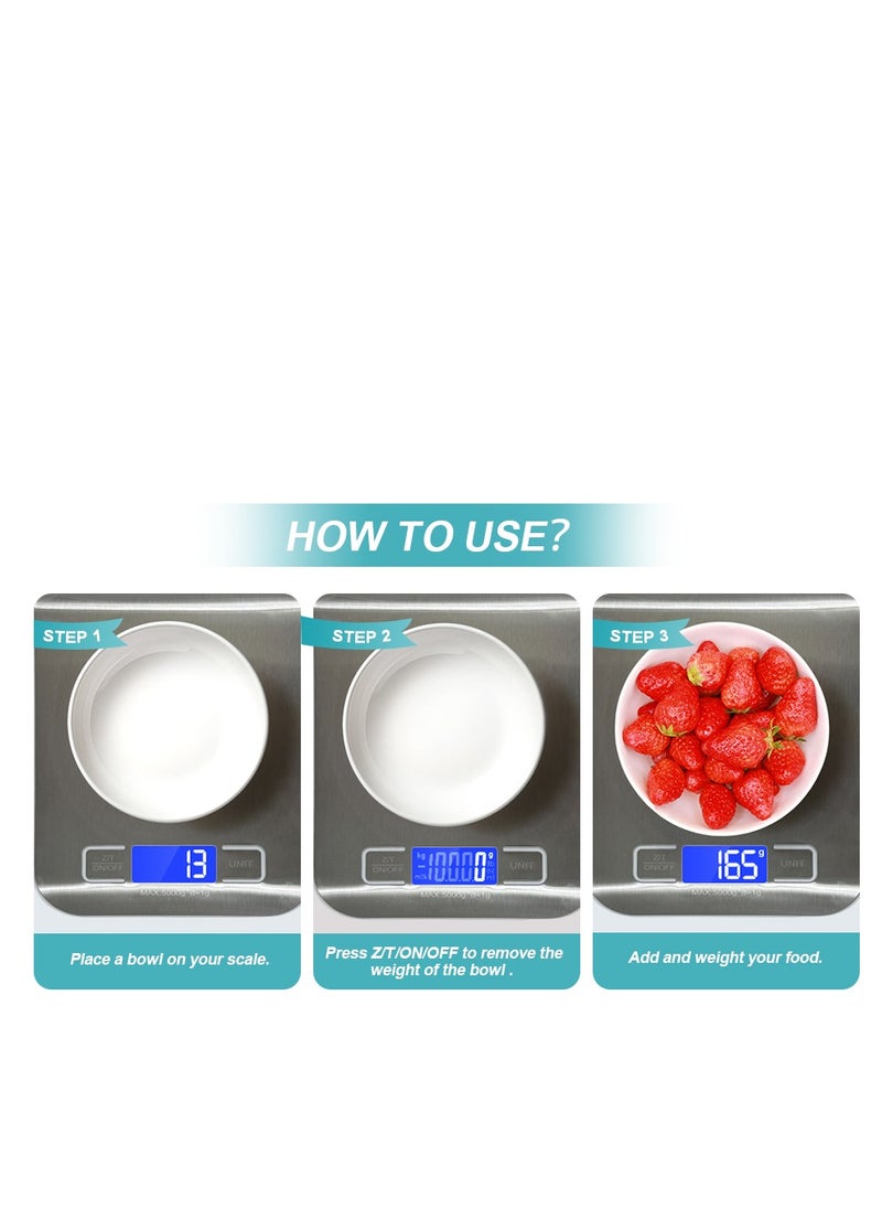 JSA JSA Stainless Steel Kitchen Scale for Baking and Cooking Up to 5kg, Premium Digital Food Scale with Tare Function, High Precision Sensor, Backlight, LCD Display, Silver - 010248  - Image 2