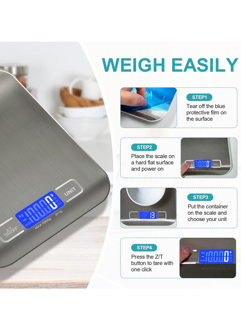 JSA JSA Stainless Steel Kitchen Scale for Baking and Cooking Up to 5kg, Premium Digital Food Scale with Tare Function, High Precision Sensor, Backlight, LCD Display, Silver - 010248  - Image 4