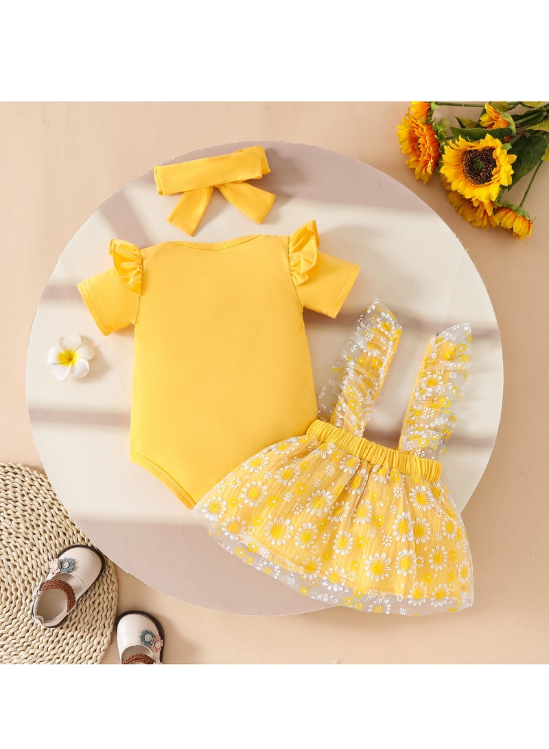 12-18M Daisy Tutu Outfit Baby Girl Birthday Dress, 3 Piece Set with Romper, Floral Suspender Skirt, and Matching Headband for Summer and Photoshoots  - Image 3