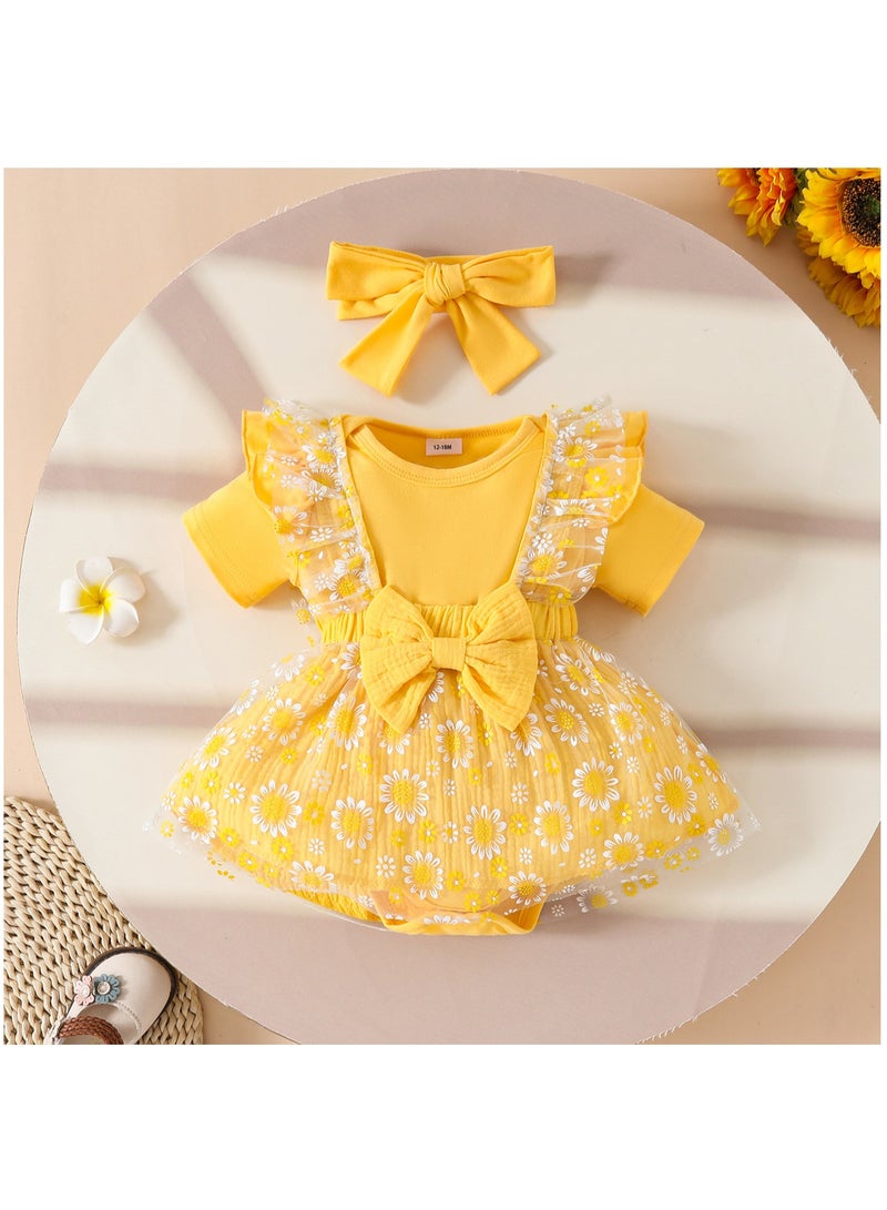 12-18M Daisy Tutu Outfit Baby Girl Birthday Dress, 3 Piece Set with Romper, Floral Suspender Skirt, and Matching Headband for Summer and Photoshoots  - Image 1