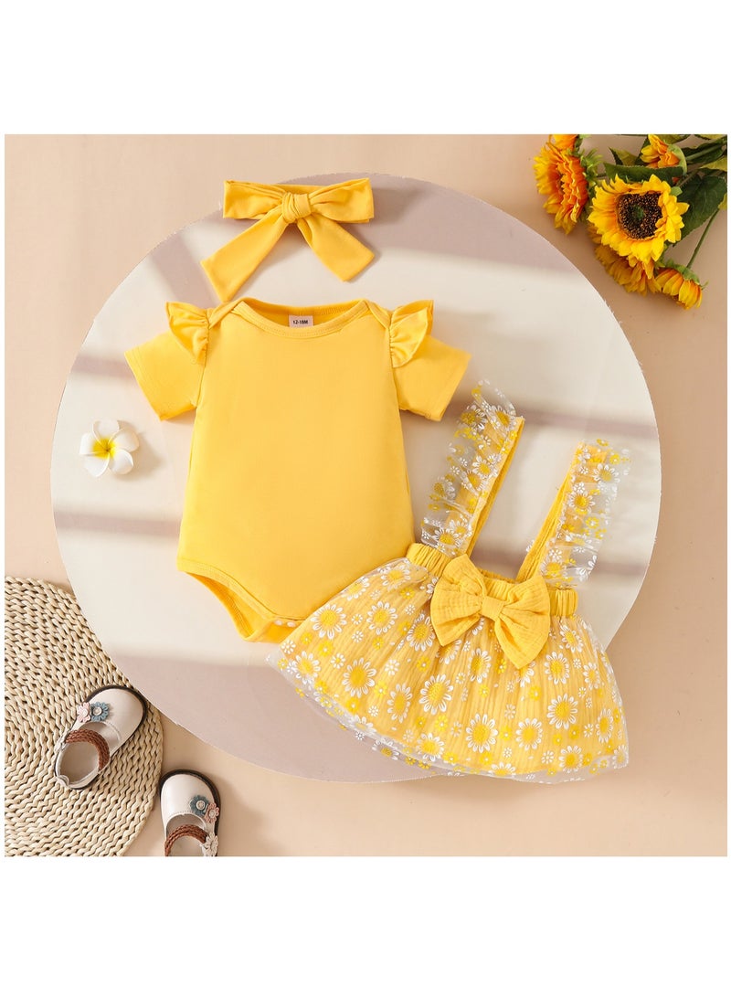 12-18M Daisy Tutu Outfit Baby Girl Birthday Dress, 3 Piece Set with Romper, Floral Suspender Skirt, and Matching Headband for Summer and Photoshoots  - Image 2