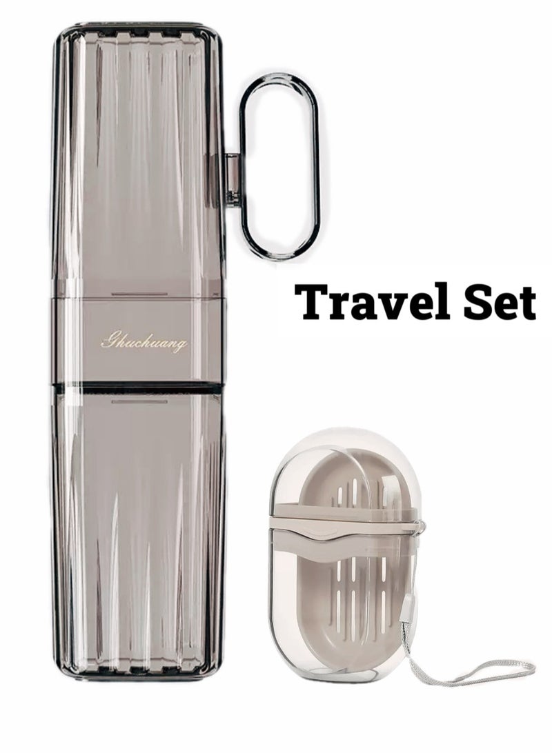 أوليس فيرس  كوب فرشاة أسنان سفر بني فاتح 2 في 1 مع مقبض - مجموعة كوب غسول فم محمولة مضادة للتسرب مع حاوية صابون شفافة لحامل فرشاة الأسنان للأزواج - Image 1